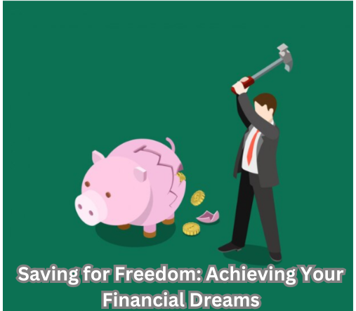 Strategically saving for freedom concept - piggy bank with text 'Saving for Freedom' surrounded by financial symbols and growth charts